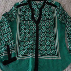 NY & Co. Split Neck Geo Print Button- Up Blouse